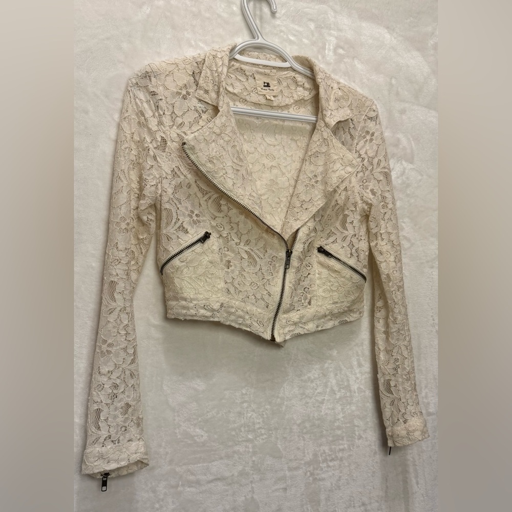 Cotton Candy Ivory Lace Blazer with Zipper Accents